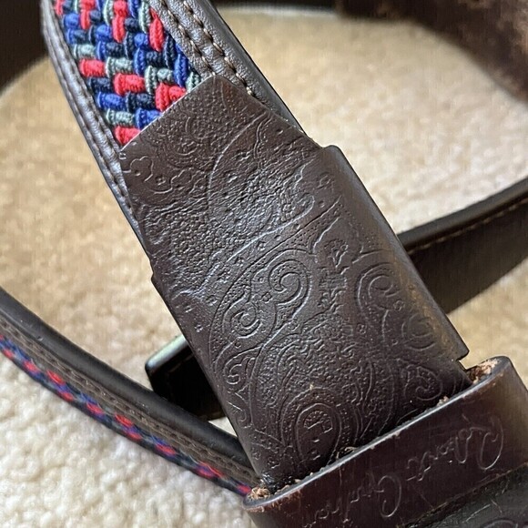 Robert Graham Men Belt 38 Braided Woven Red Blue Grey Tooled Brown Leather Golf - Picture 3 of 11